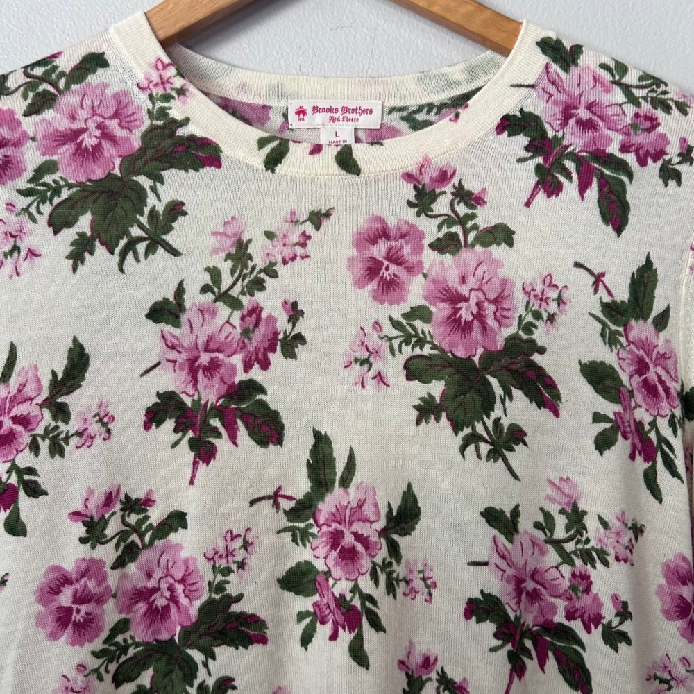 Brooks Brothers Red Fleece Sweater Womens Large Merino Wool Pink Floral Crewneck